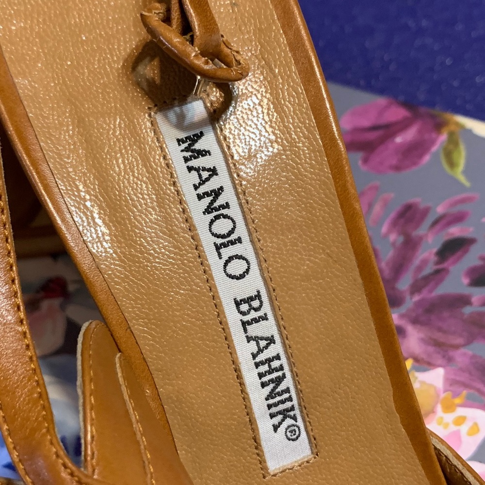 Manolo Blahnik Camel-Color Point-Toe Kitten Heels